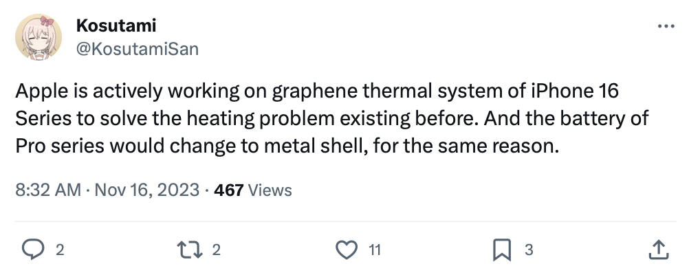 消息稱蘋果 iPhone 16 / Pro 手機將采用石墨烯散熱系統，電池使用金屬外殼